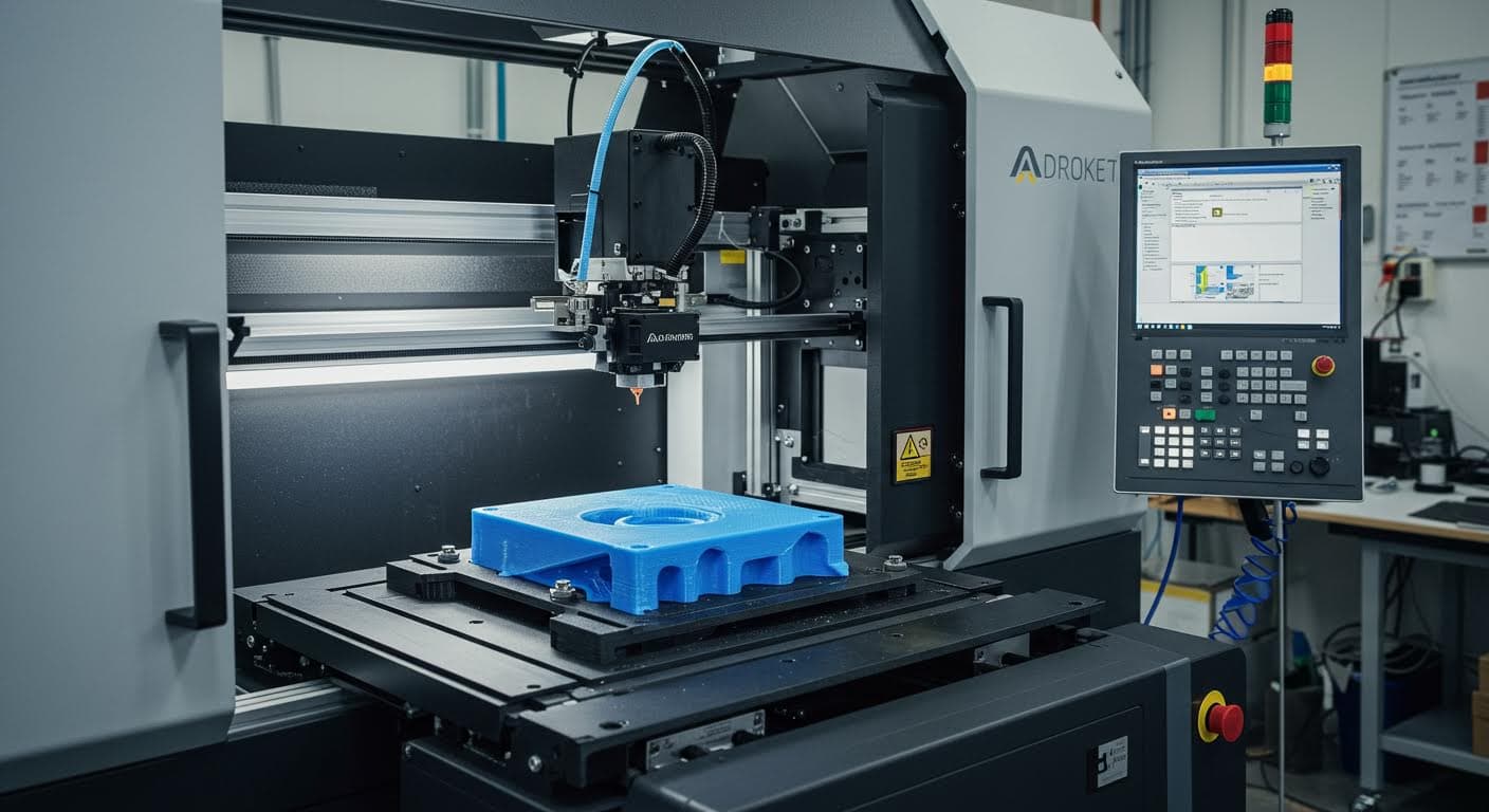 Industriefoto eines 3D-Druckers im Betrieb, der eine Montagehilfe produziert, hochauflösend und magazintauglich