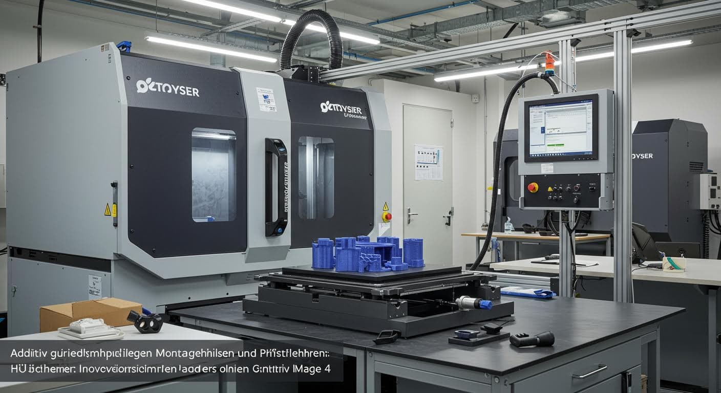 Visuelle Darstellung einer hybriden additiven Fertigungsanlage, Fokus auf Equipment und Ergebnisse ohne jegliche Schrift