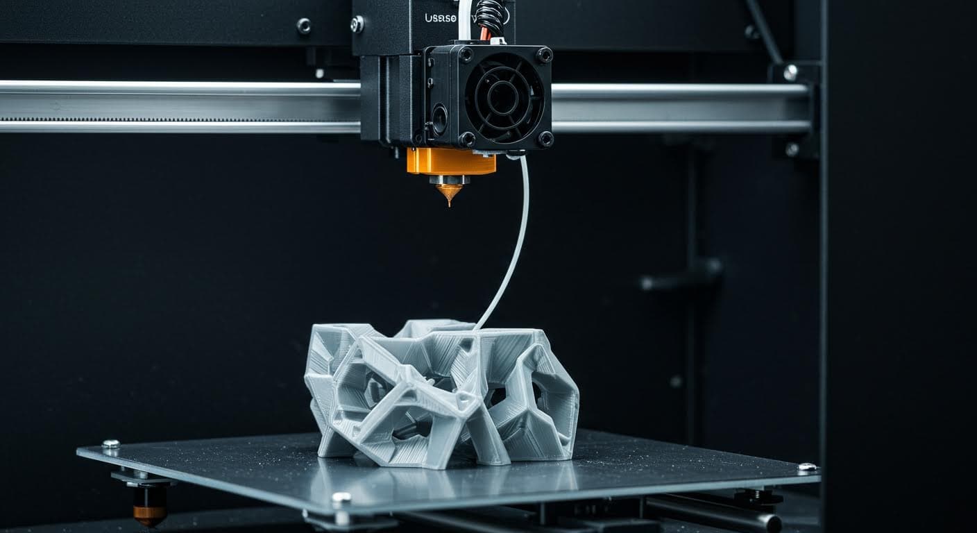 Hochauflösendes Foto eines FDM-3D-Druckers, der ein komplexes Objekt aus PLA-Filament druckt, Fokus auf die Düse und das schmelzende Material, industrielle Umgebung ohne Text.