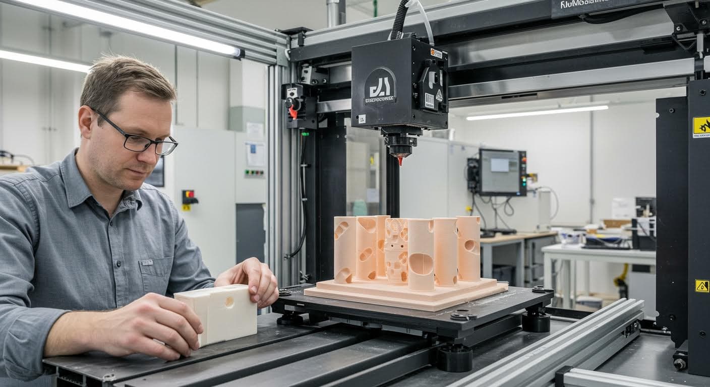 Nahaufnahme von 3D-gedruckten keramischen Prüflehren in Qualitätskontrolle, reine Technologie-Darstellung