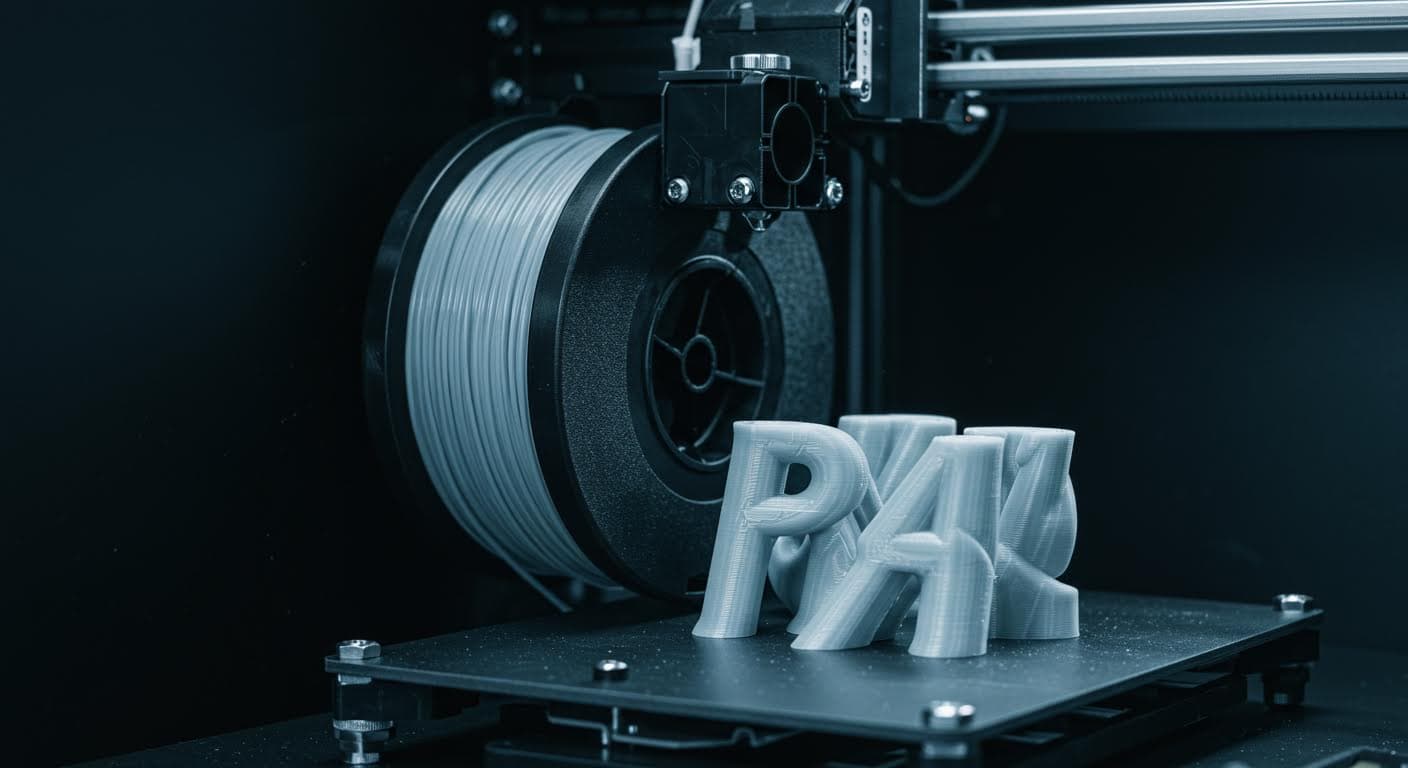 Nahaufnahme von extrudiertem PLA+-Filament auf einer Spule, glänzende Oberfläche und homogene Struktur, professionelle Beleuchtung, kein Text.