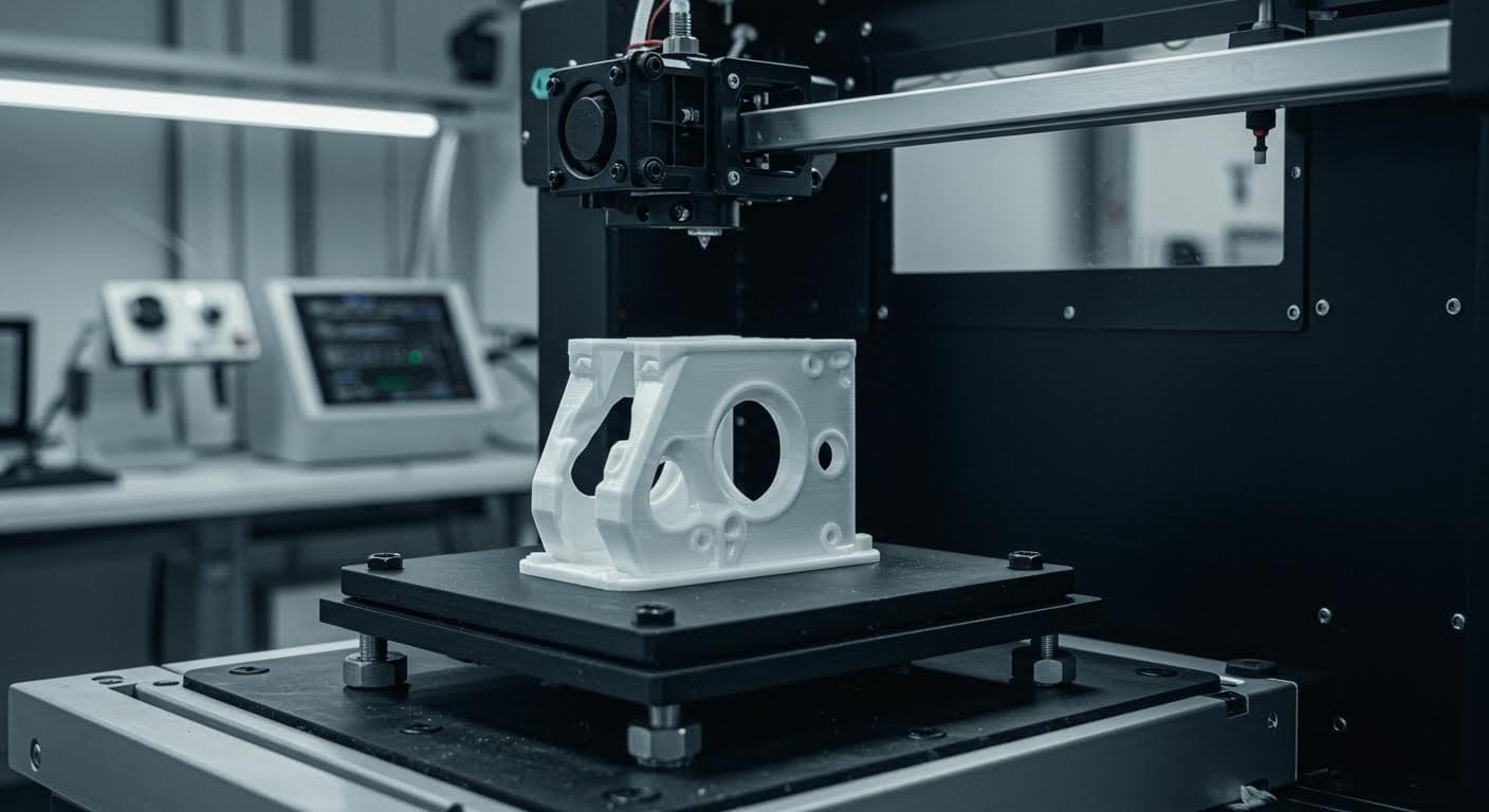 Belastungstest eines gedruckten Teils aus PLA+, das unter mechanischer Last gebogen wird, ohne Bruch, Laborumgebung, reine visuelle Darstellung.