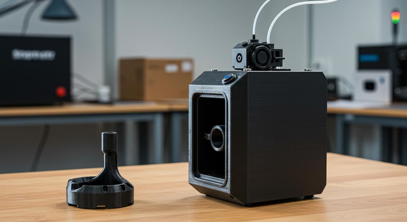 Fertig gedrucktes funktionales Teil aus PLA+ in industrieller Anwendung, wie ein Gehäuse, auf einem Tisch platziert, magazin-stil.