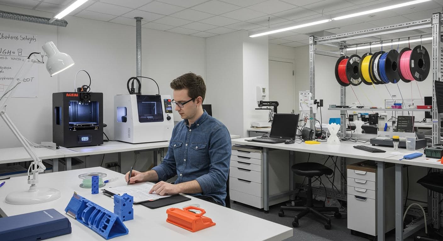 Überblick über ein 3D-Druck-Labor mit mehreren Druckern und Filamentrollen, Fokus auf Technologie, keine Schriften oder Logos.