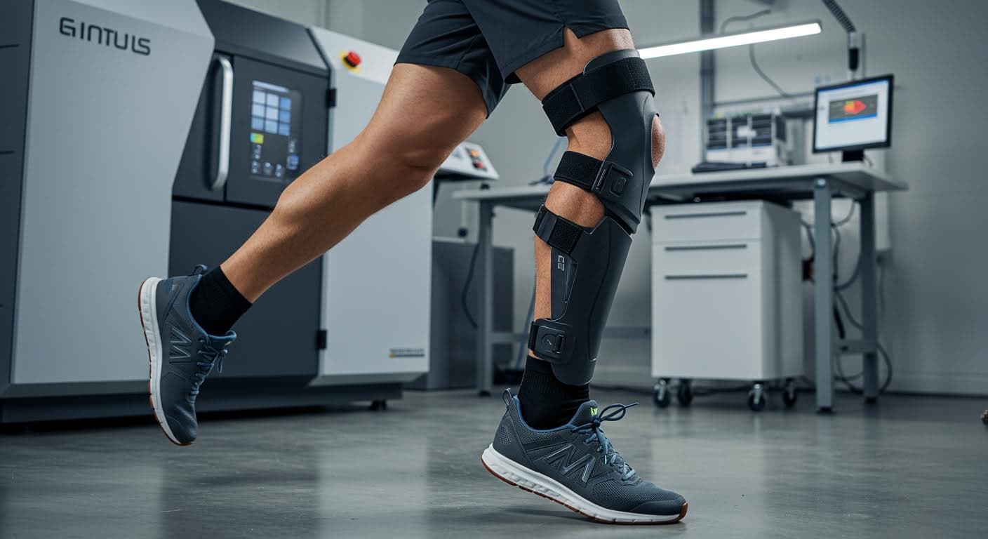 A high-resolution image of a 3D-printed knee orthosis being worn by a runner in motion, capturing dynamic stability without any text or labels.