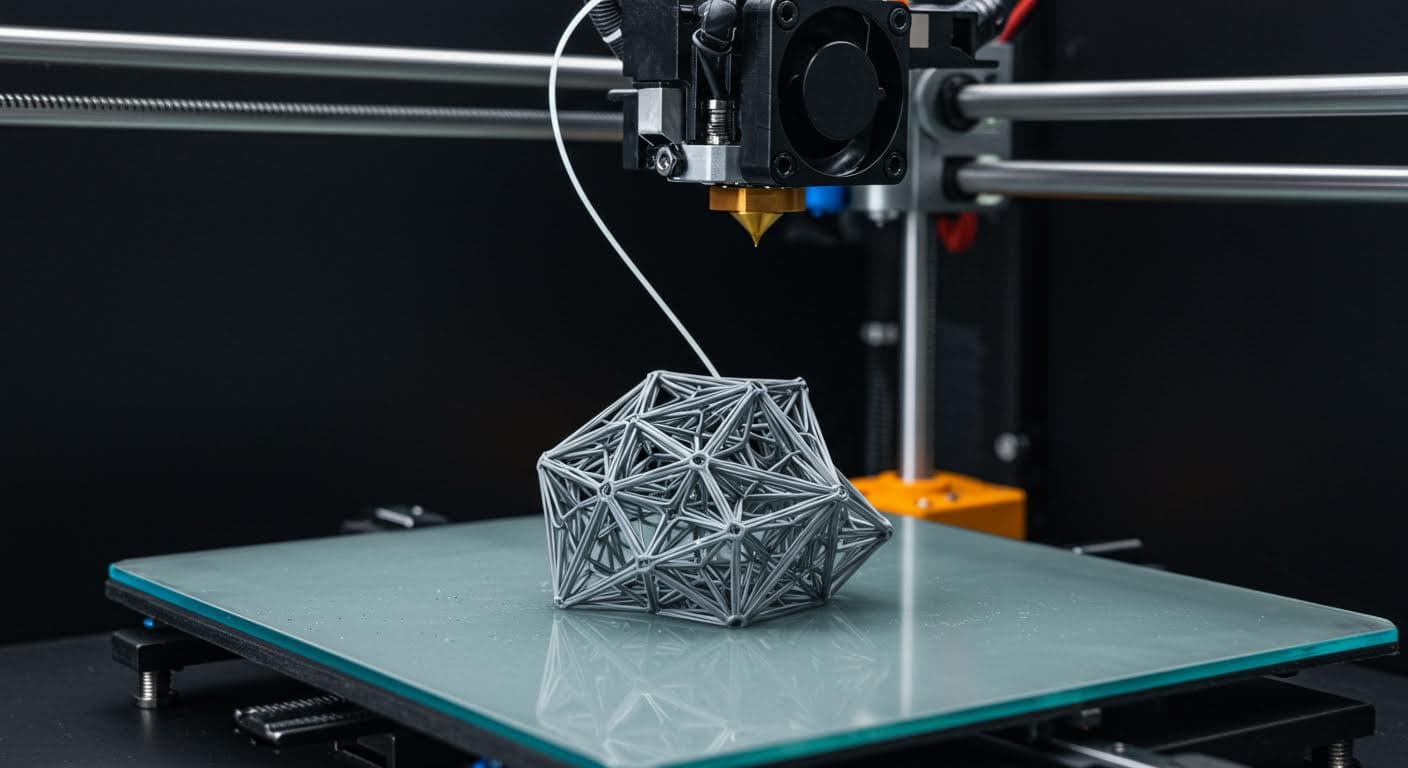 Close-up of a 3D printer extruding filament onto a complex triangulated mesh model in an industrial setting