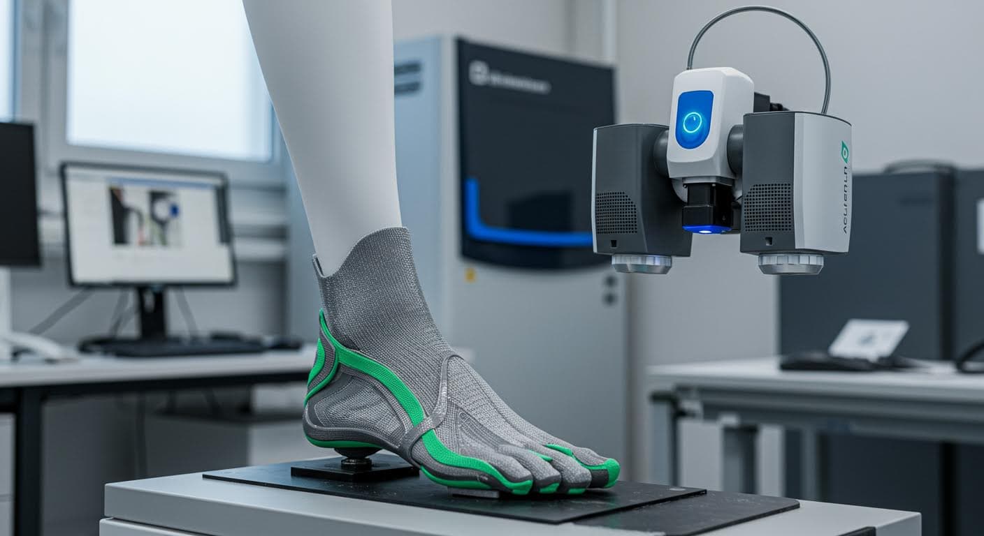 Close-up of a 3D scanner capturing foot biomechanics for orthosis design, showing equipment and anatomical details in professional quality.