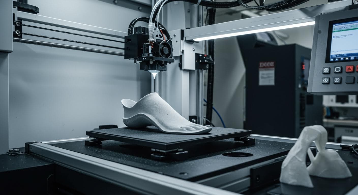 Industrial 3D printer producing a custom foot orthosis layer by layer, focusing on the printing process and material extrusion.