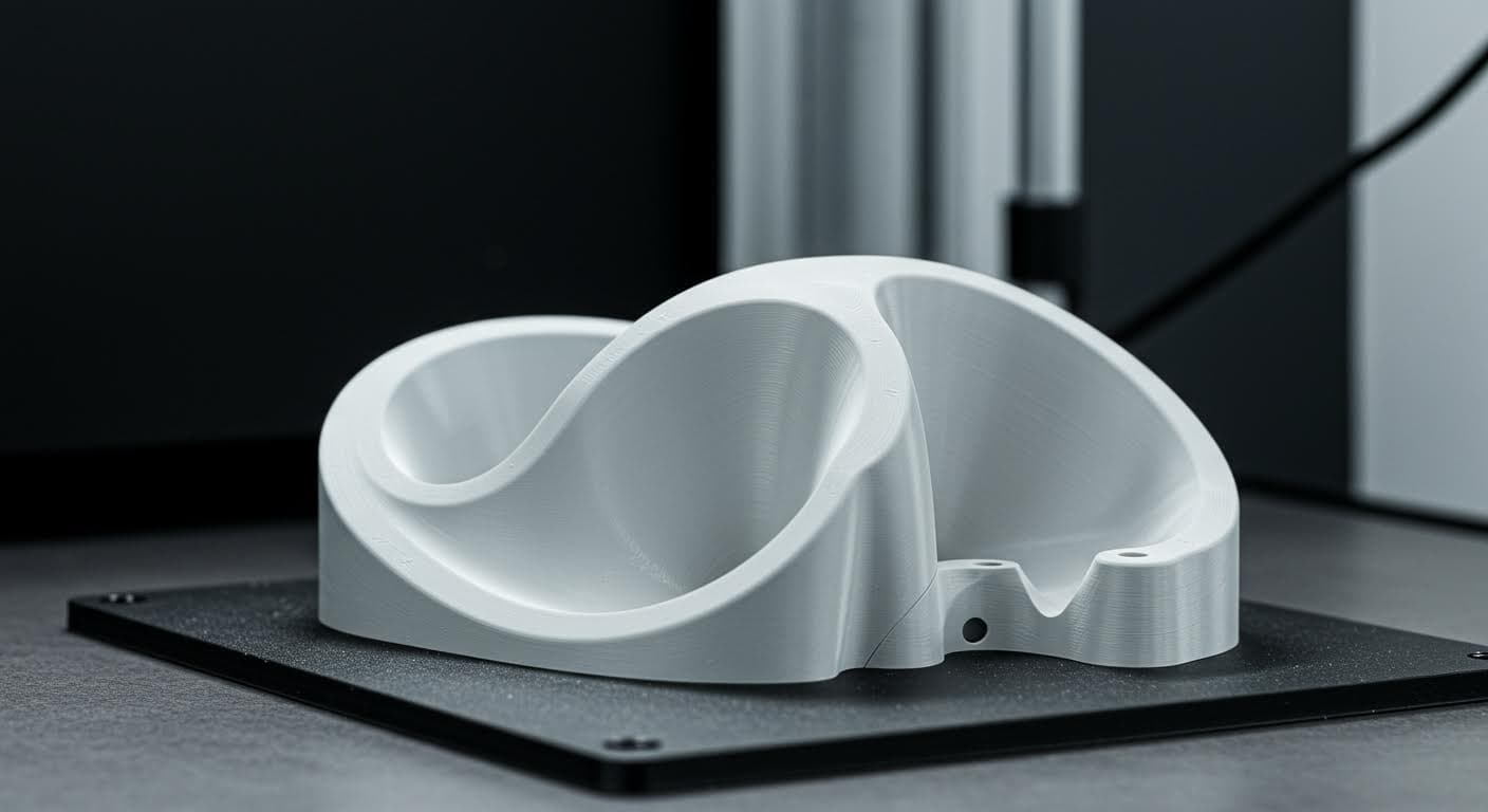 Professional photograph of a finished 3D printed prototype with smooth surfaces and intricate details