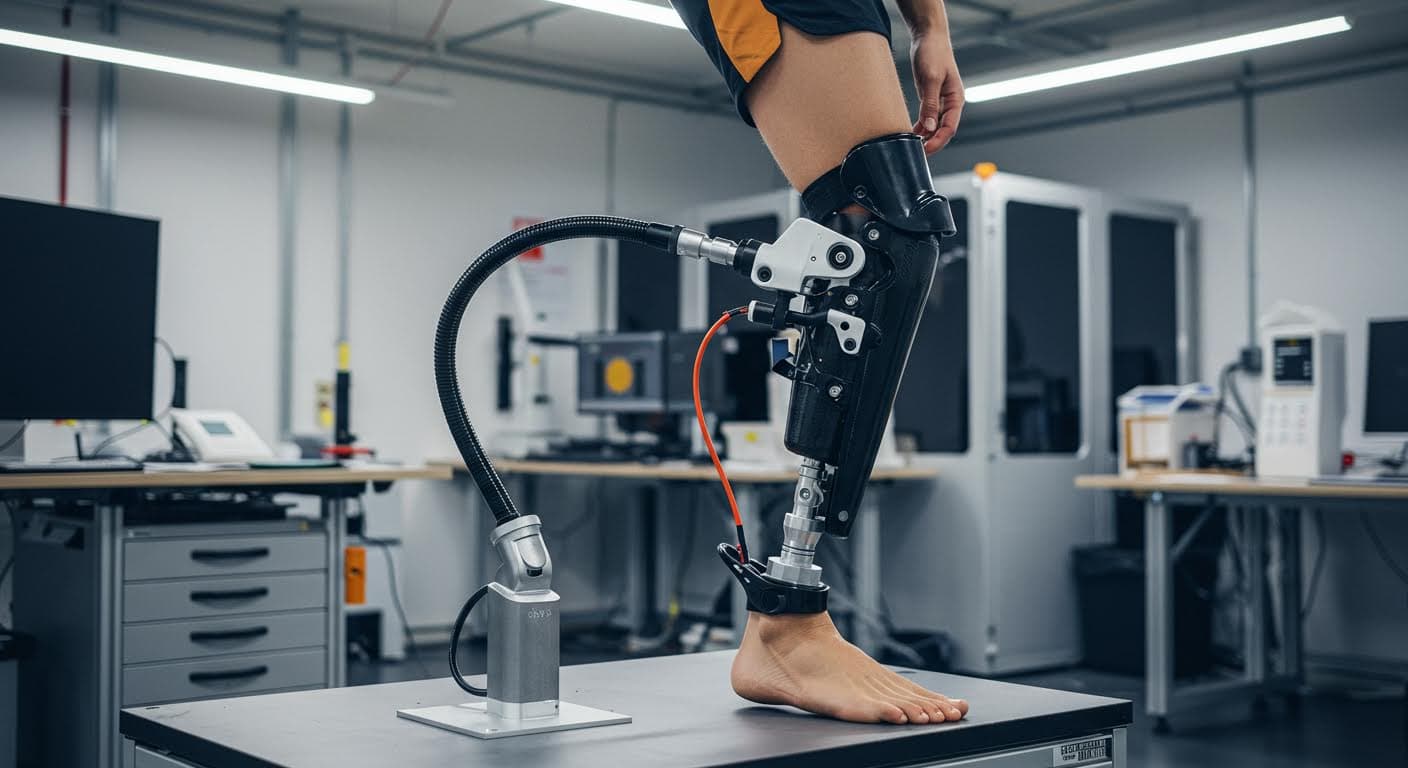 Bionic thigh prosthesis in a testing environment, demonstrating flexible movement and integration with human anatomy.