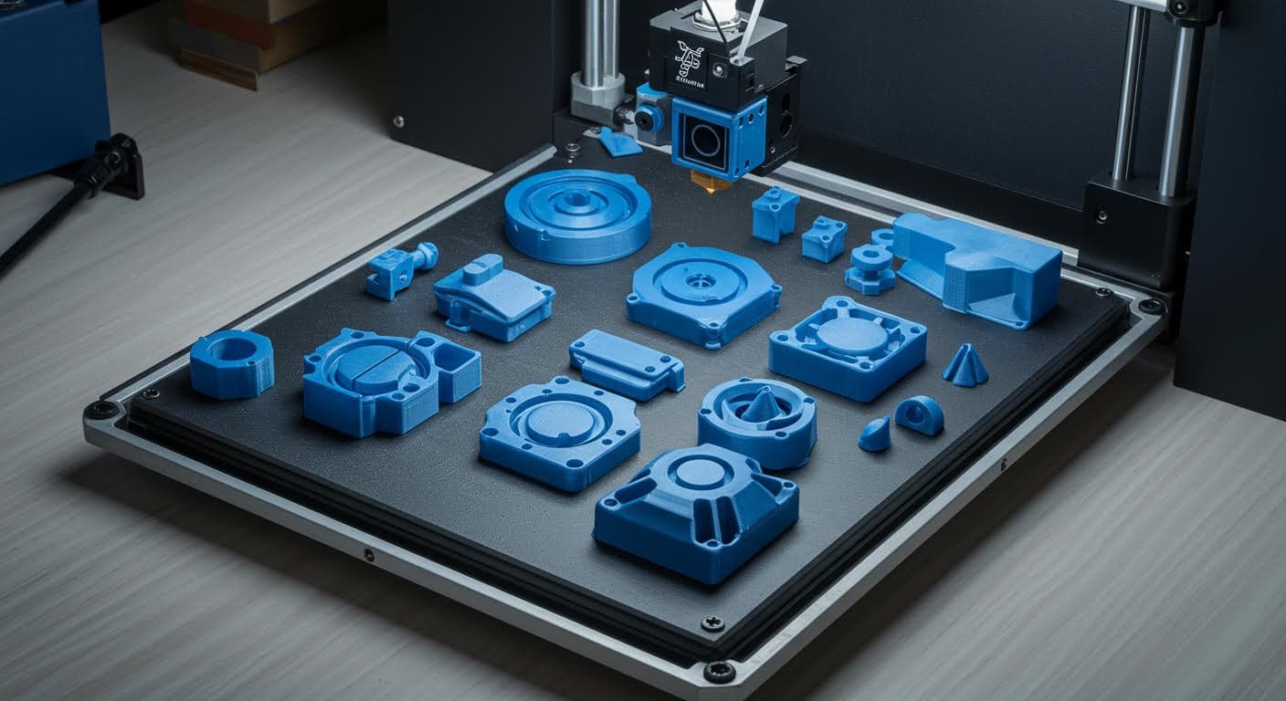 Overhead view of a 3D printing build plate with multiple optimized STL-derived parts
