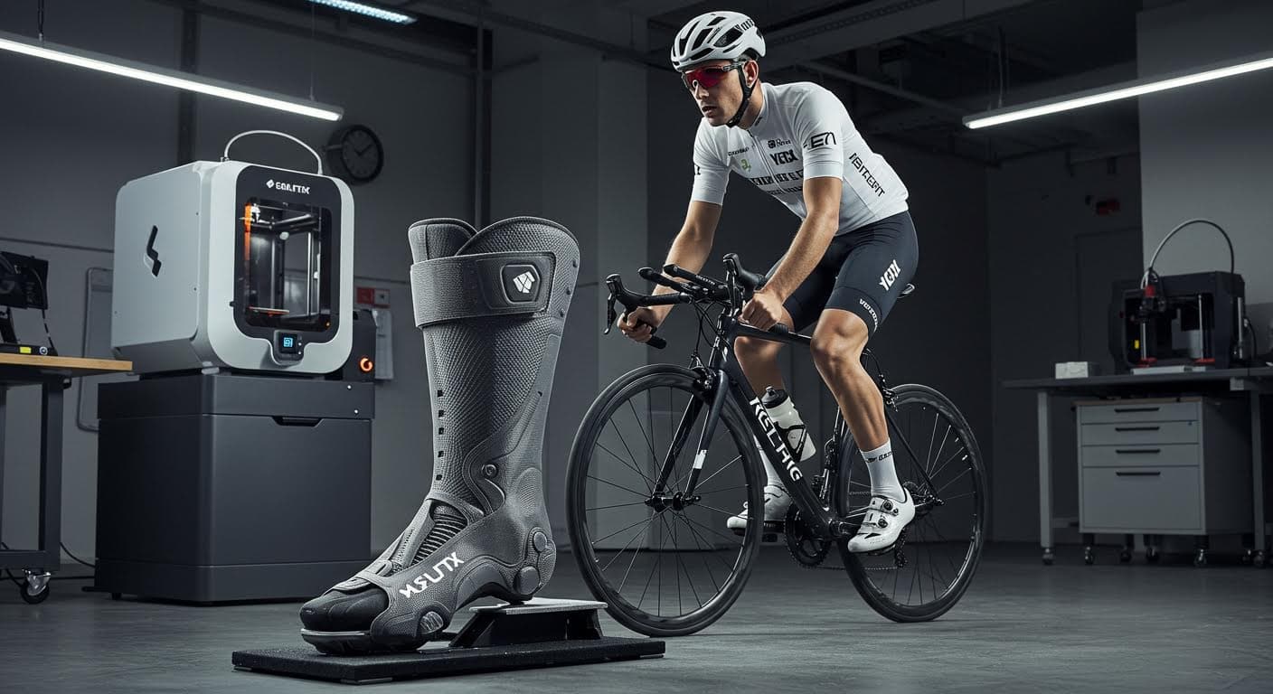 Athlete cycling with a 3D-printed ankle orthosis, emphasizing aerodynamic design and real-world application.