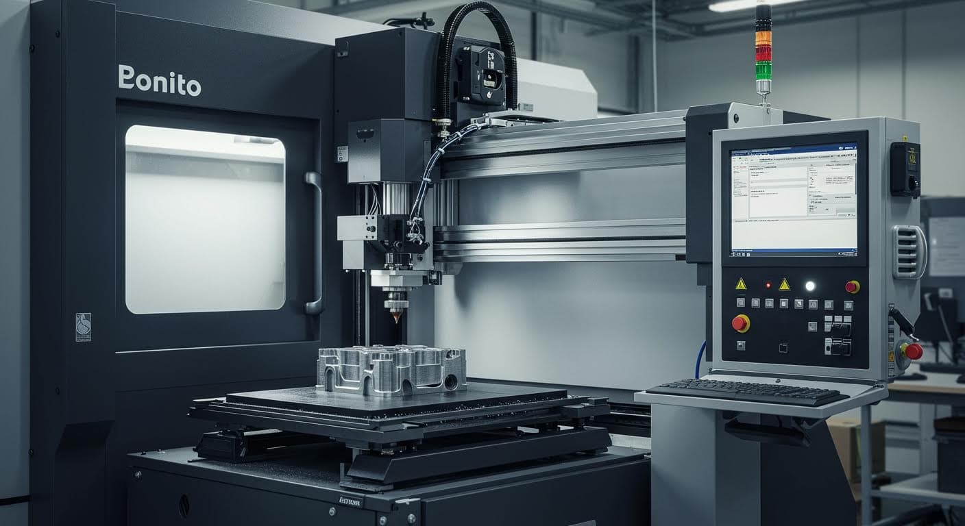 Side view of additive manufacturing equipment processing a high-precision component
