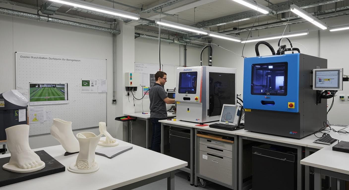 Modern additive manufacturing lab in Baden-Württemberg, showcasing printers and finished orthotic products without any inscriptions.
