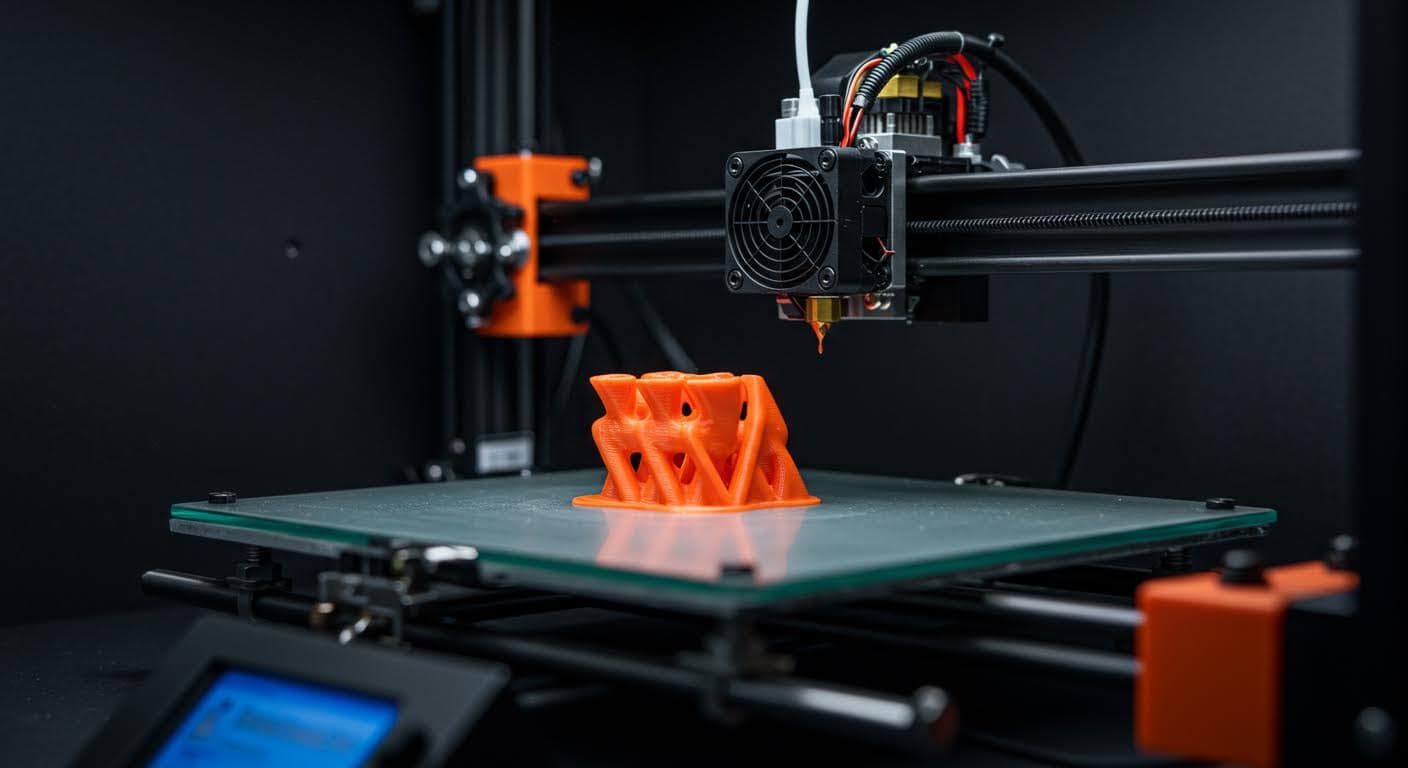 Hochauflösendes Foto eines 3D-Druckers beim Drucken eines PLA-Modells ohne sichtbare Fäden, Fokus auf den Extruder und das Hotend in Aktion.