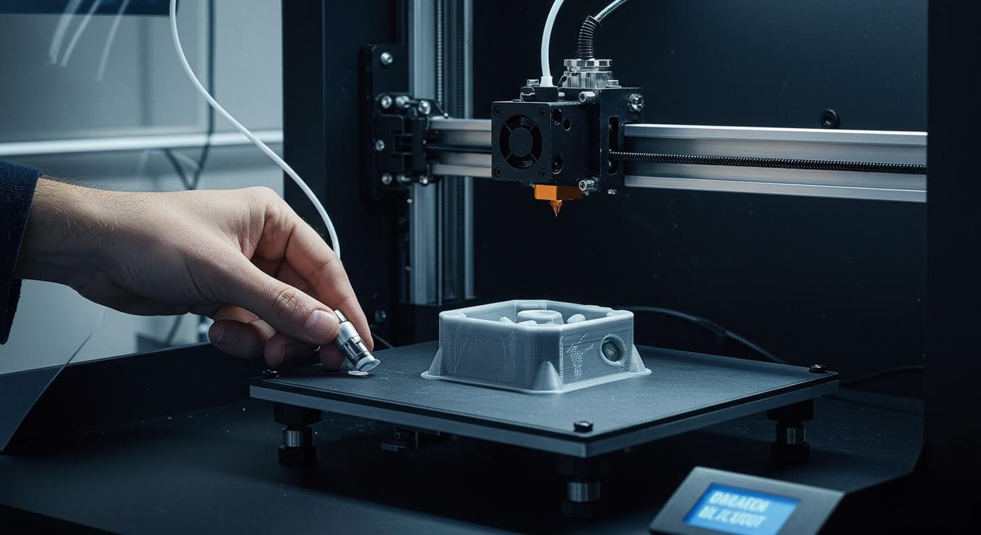 Nahaufnahme eines sauberen PLA-Drucks mit glatten Oberflächen, ohne jegliche Stringing-Rückstände, in industrieller Umgebung.