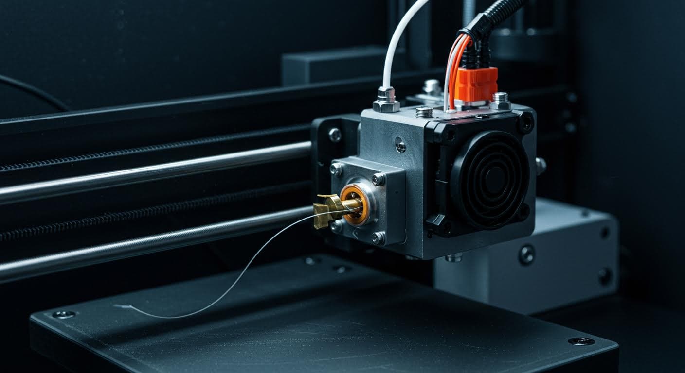 Detailansicht eines Extruders während der Retraction, mit Filament-Rückzug, in hoher Auflösung und magazinqualität.