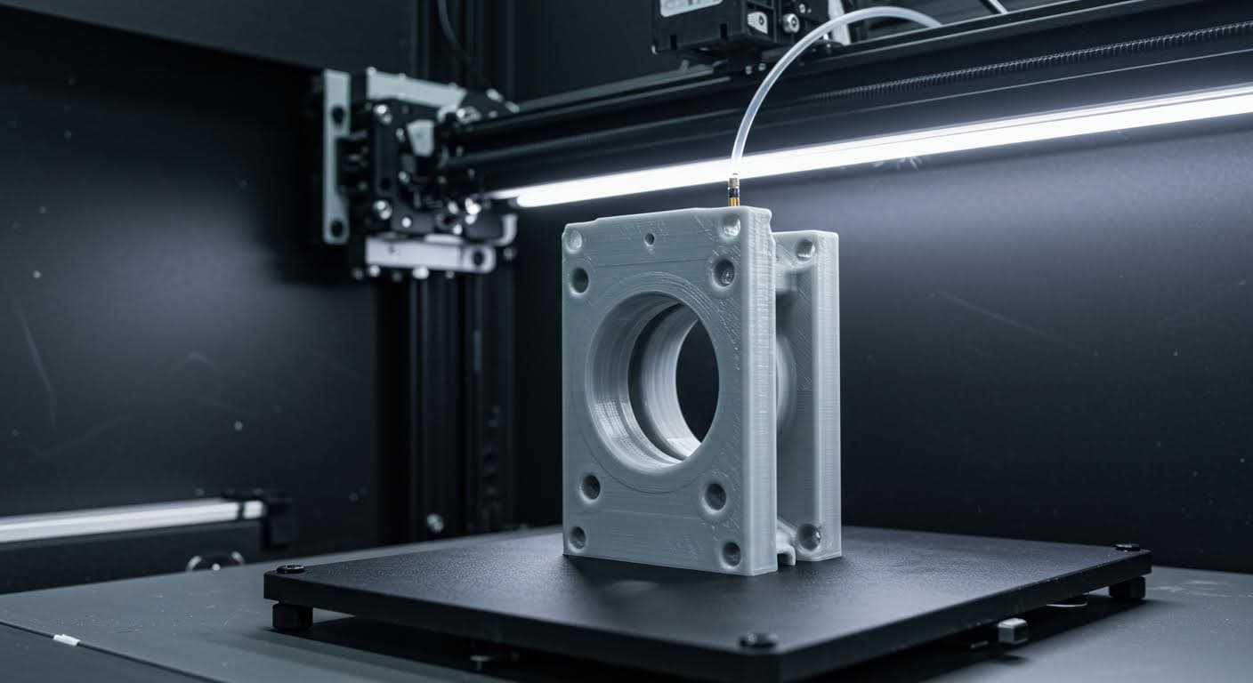 Fertiges 3D-gedrucktes PLA-Objekt in industrieller Anwendung, makellos ohne Fäden, mit Fokus auf Präzision und Materialqualität.