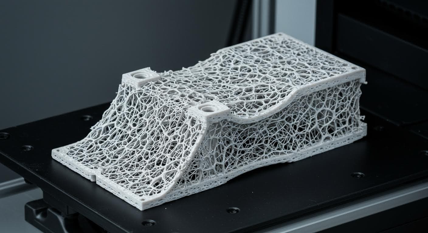 Hochauflösende Nahaufnahme eines 3D-gedruckten Drohnenrahmens aus CFK-Material, fokussiert auf die filigrane Gitterstruktur ohne jegliche Beschriftung.