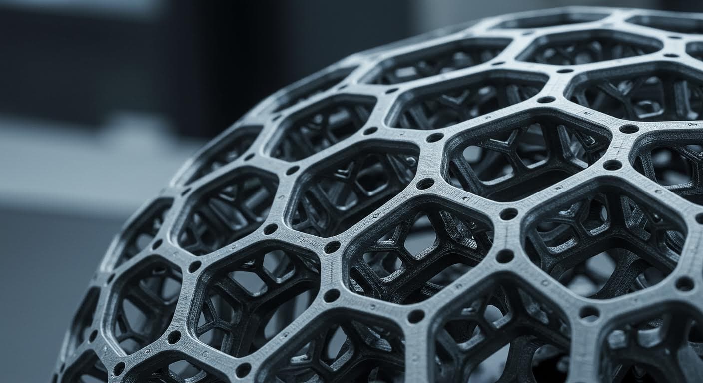 Close-up of a 3D-printed lattice structure in metal, showcasing intricate geometric patterns without any text or labels