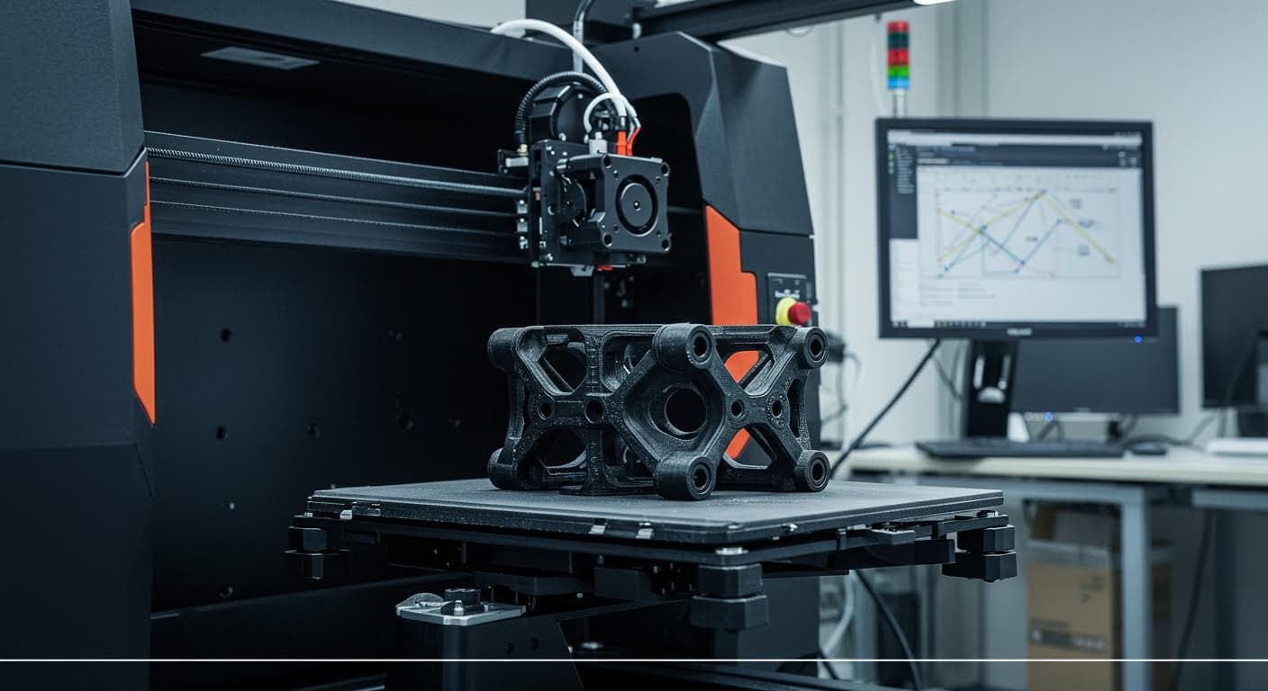 Magazin-Qualitätsbild modularer Drohnenkomponenten im 3D-Drucker, zeigt den Druckprozess mit Schichtenbildung, ohne Text.