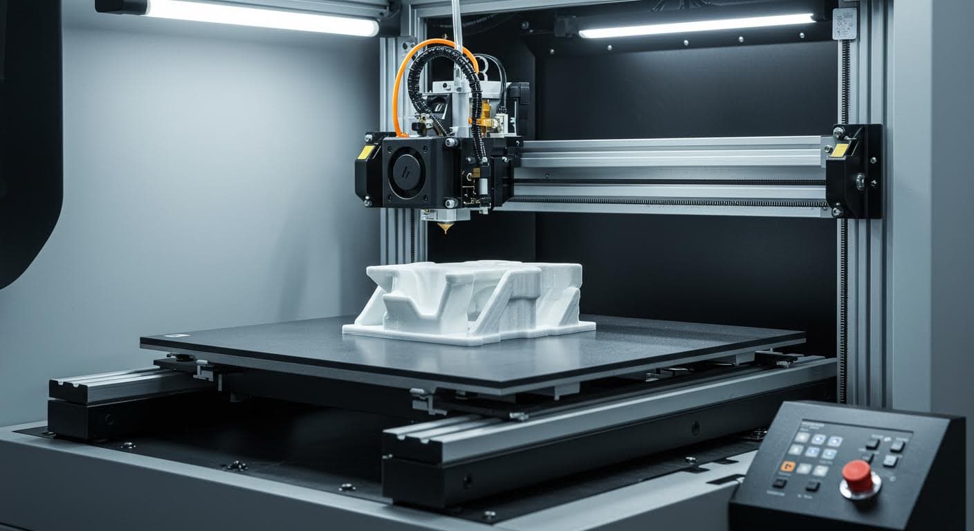Industrial 3D printer in operation producing a lightweight component, high-resolution photo with focus on the printing head and build platform