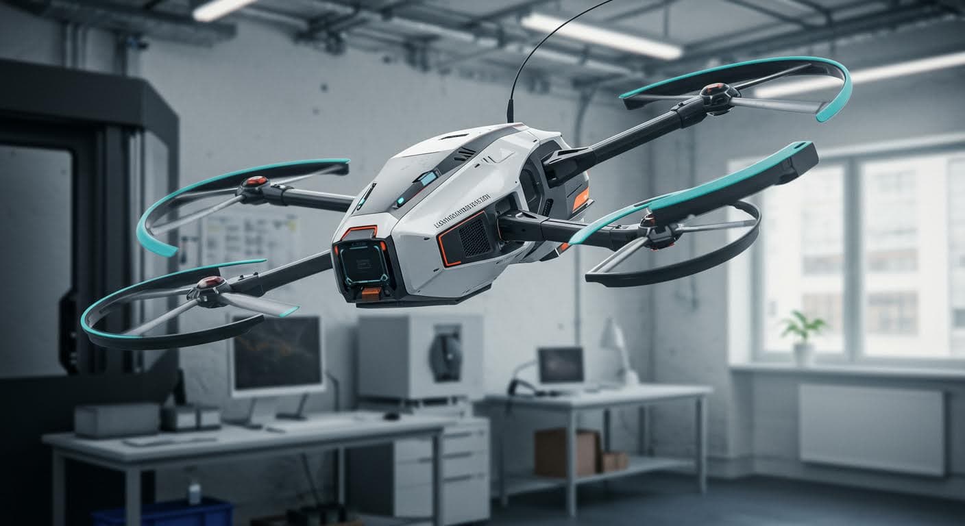 Visuelle Darstellung einer futuristischen Drohne mit deformierbaren Teilen, in Flugposition, professionelle Rendering-Qualität.
