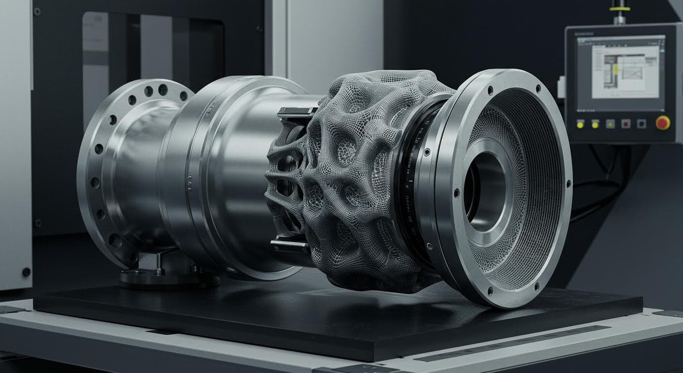 Optimized topology model of an aerospace part, visual representation of organic shapes in a metallic finish