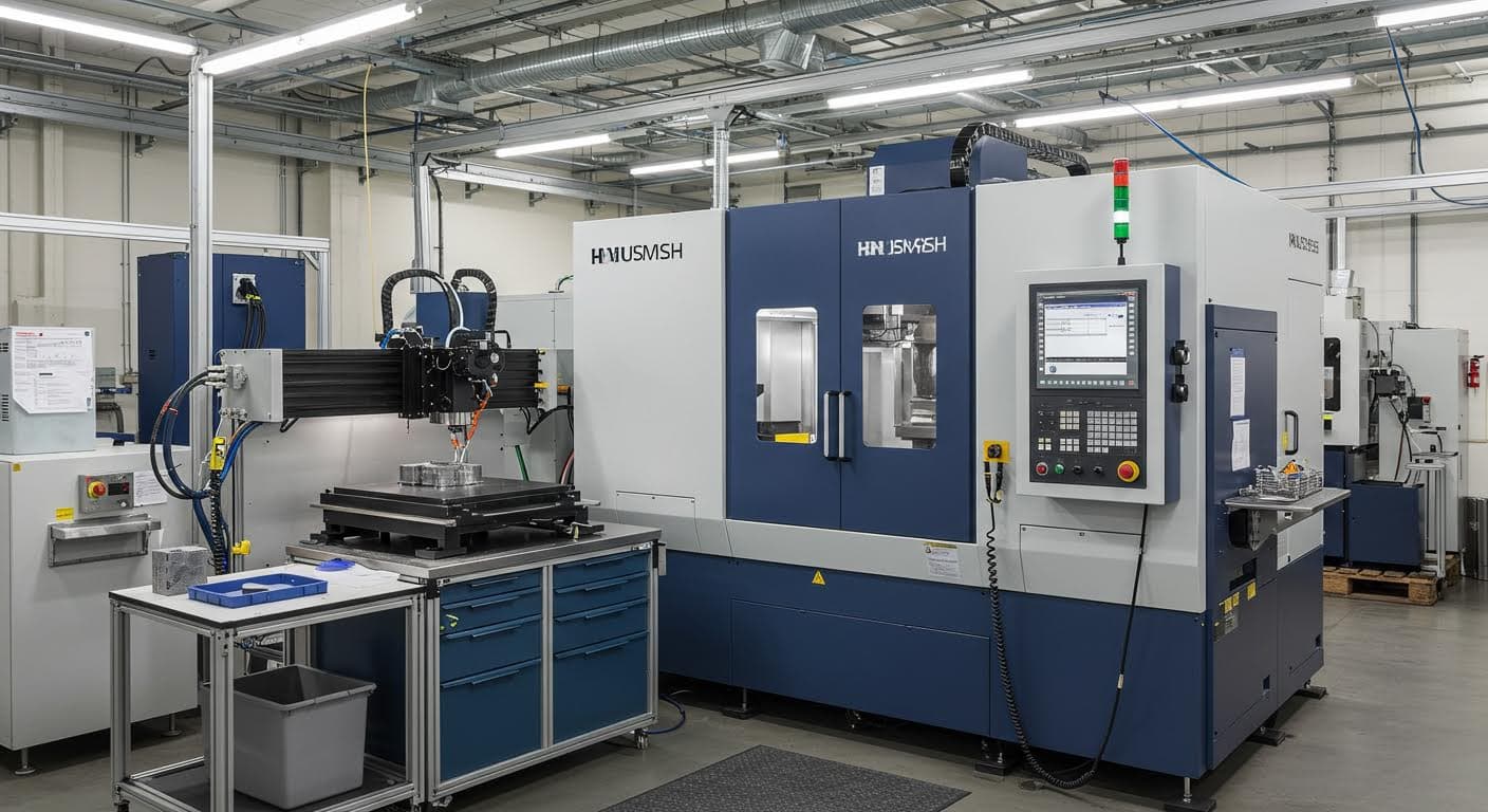 Hybrid manufacturing setup with AM and conventional tools, professional image of machinery in a factory setting