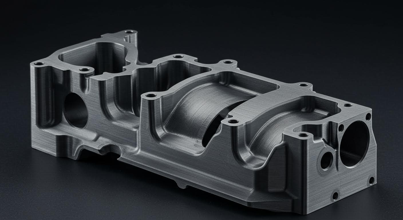 Finished 3D-printed automotive component with internal channels, close-up on the structure's surface and details