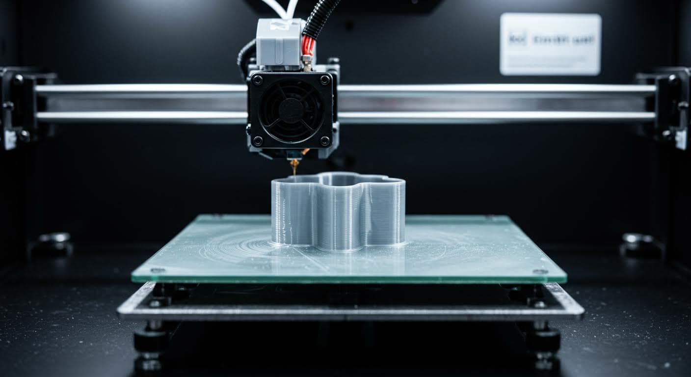 Hochauflösende Aufnahme eines glatten 3D-Druckbetts mit frisch extrudiertem PLA-Filament in der ersten Schicht, fokussiert auf die Adhäsion, professionelle Industriefotografie ohne Text.