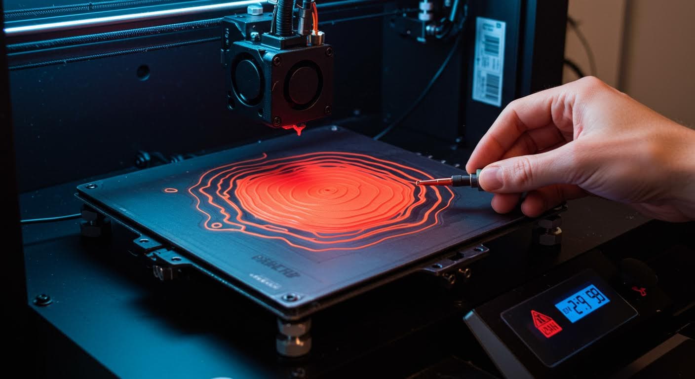 Thermografisches Bild einer beheizten Druckplatte bei 55°C, visualisierend die Wärmeverteilung, reine Technologie-Darstellung in Magazin-Qualität.