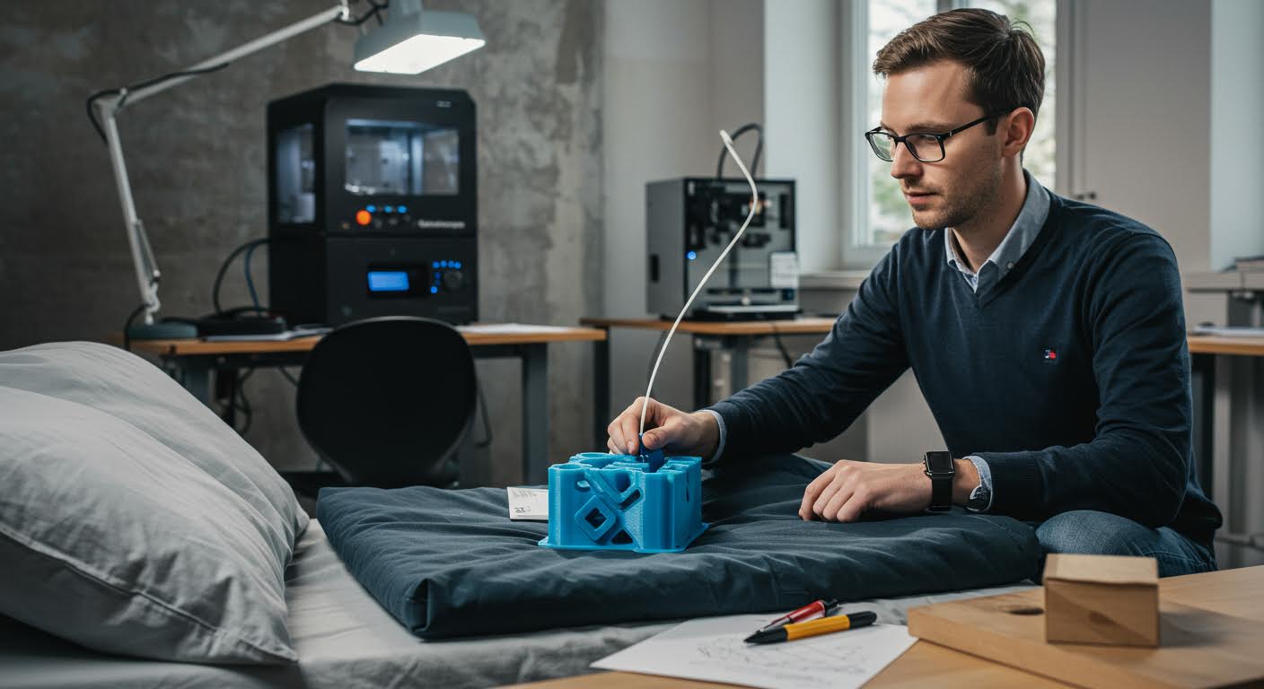 Industrielles Setting mit einem abgeschlossenen PLA-Druckobjekt auf dem Bett, betonend Stabilität und Qualität, reine visuelle Präsentation.