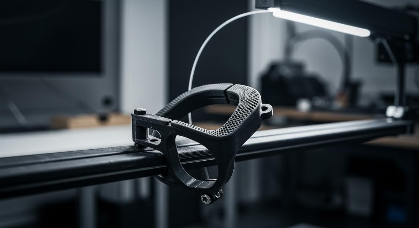 Hochauflösendes Foto eines 3D-gedruckten Fahrradhalters auf einem Lenker, professionelle Beleuchtung, reines Technologie-Visual.