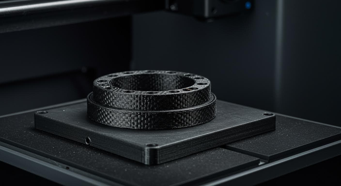 Nahaufnahme von Carbon-Spacer-Ringen in einem 3D-Druck-Prozess, industrielle Qualität, kein Text.