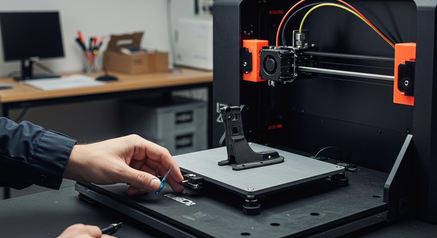 Professionelles Bild eines 3D-Druckers beim Herstellen von Fahrrad-Upgrades, Fokus auf Equipment, hochauflösend.