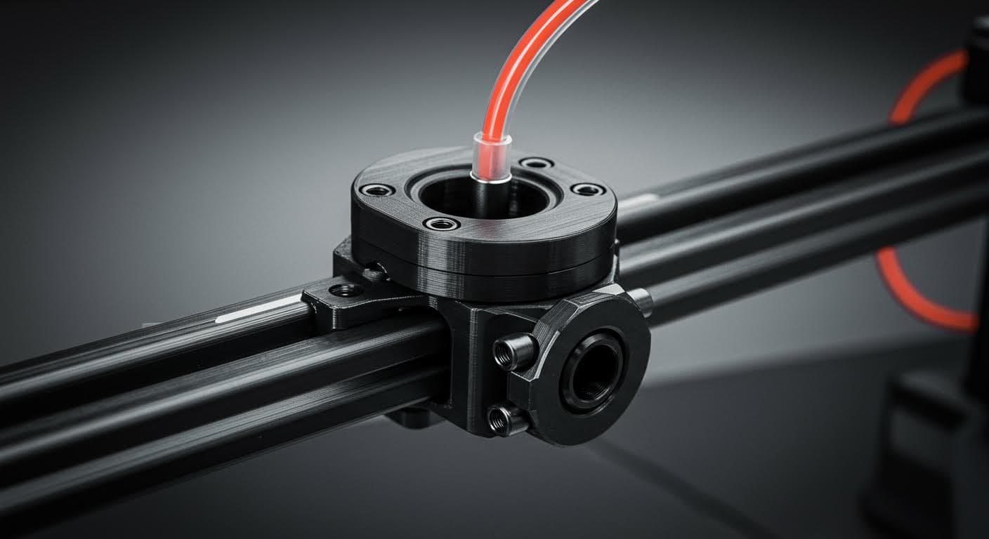 Industriefoto eines fertigen 3D-gedruckten Spacers, montiert an einem Lenker, ohne jegliche Beschriftung.