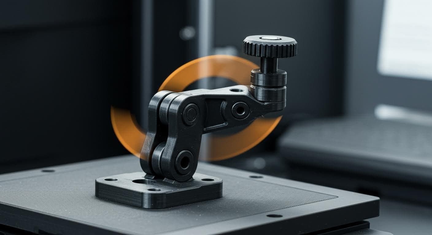 Close-up of a 3D-printed rotating joint mechanism in action, showing smooth rotation without any assembly
