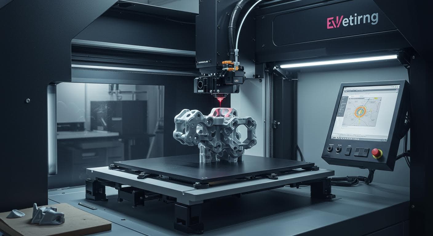 Selective Laser Sintering printer in operation, building a complex movable structure layer by layer