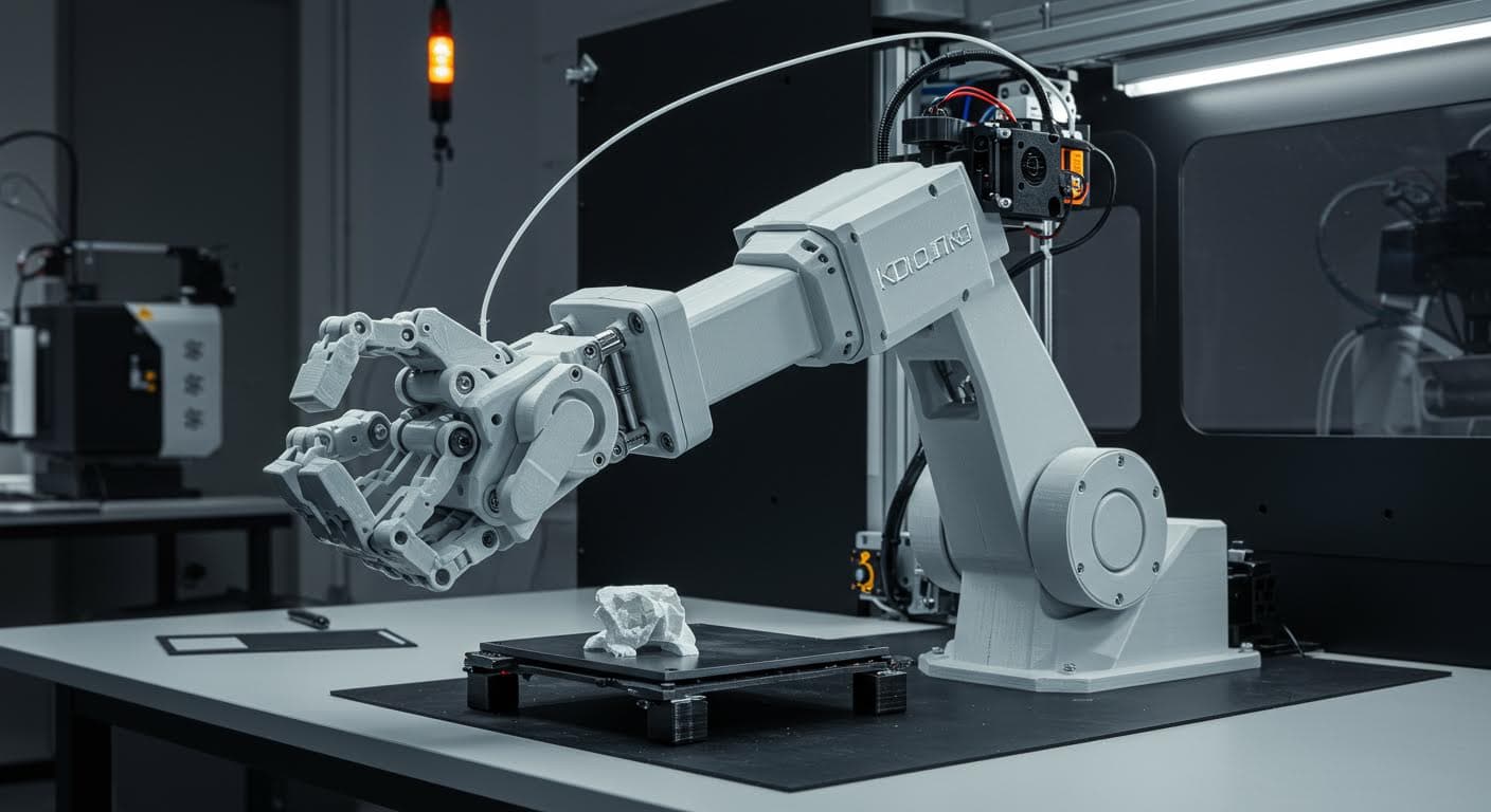 3D-printed robotic arm with integrated hinges and gears, fully functional post-print