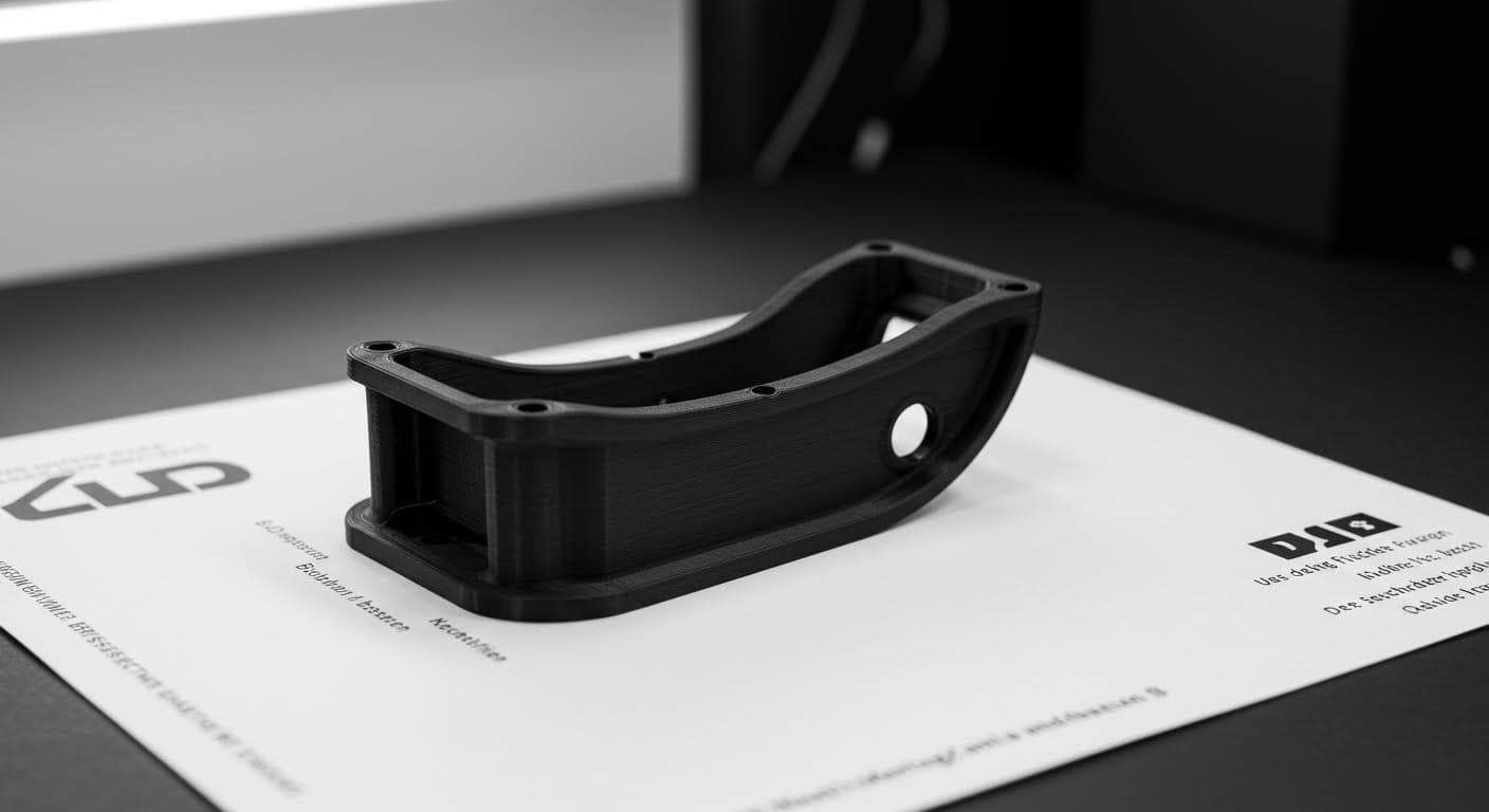 Professionelle Industriefotografie eines 3D-gedruckten schwarzen Auto-Clips, isoliert auf weißem Hintergrund, hochauflösend, ohne jegliche Text oder Logos
