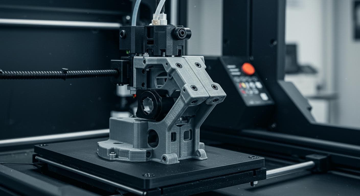 Nahaufnahme eines 3D-gedruckten Snap-Fit-Verbinders in Kunststoff, professionelle Industriefotografie, hohe Auflösung, Fokus auf mechanische Details ohne jeglichen Text.
