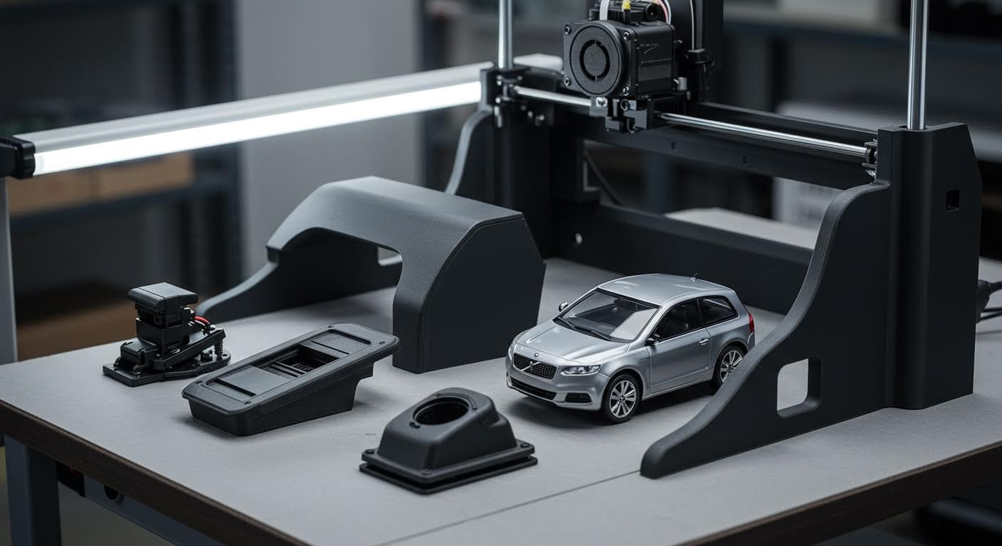 Gruppe von 3D-gedruckten Interieurteilen wie Clips und Haltern auf einem Autodashboard-Modell, magazinqualität, kein Text