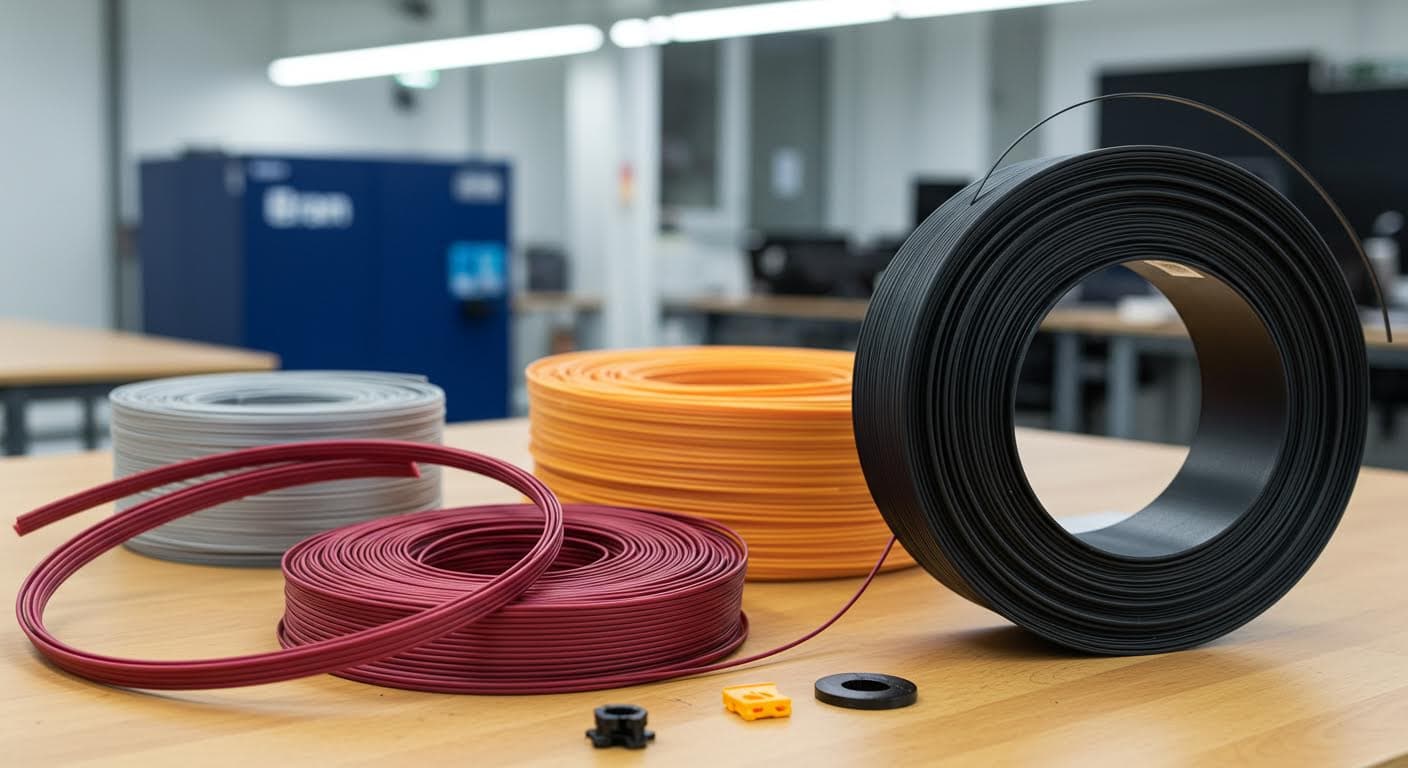 Verschiedene Materialfilamente für 3D-Druck, spiralförmig angeordnet auf einem Tisch, professionelle Beleuchtung, ohne Beschriftungen