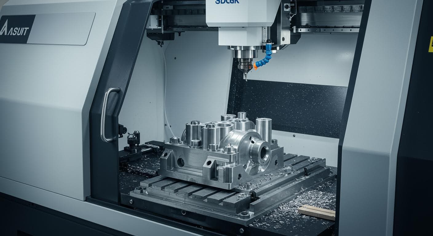 CNC-Fräsmaschine bei der Bearbeitung eines Metallteils für Snap-Fits, hochauflösend, Fokus auf Präzision und Maschine.