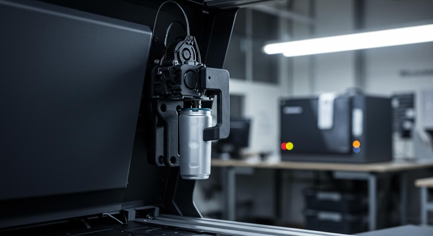 Fertiger 3D-gedruckter Getränkehalter montiert in einem Fahrzeuginterieur, dynamische Perspektive, hochauflösend, textfrei