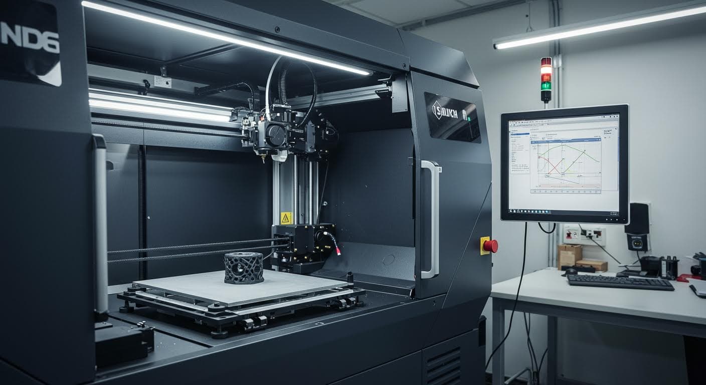 Hybrides Fertigungsgerät, das additive und subtraktive Elemente kombiniert, visuelle Darstellung von Technologie in Aktion.