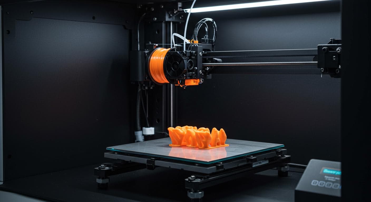 Hochauflösendes Foto eines Bambu Lab 3D-Druckers in Aktion, mit glühendem Filament extrudierend auf einem Druckbett, industrielle Umgebung ohne Text