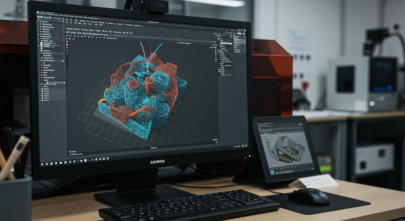 Visuelle Darstellung eines geslicten 3D-Modells auf einem Computerbildschirm, Fokus auf Schichten und Strukturen, ohne Beschriftungen