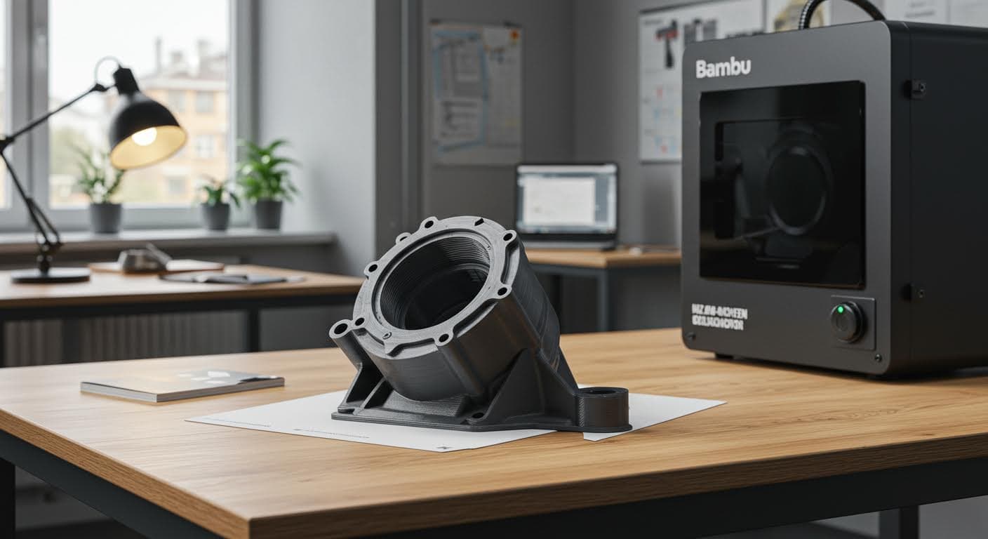 Fertiges 3D-gedrucktes Objekt, wie ein mechanisches Teil, auf einem Tisch präsentiert, hochdetailliert und magazinqualität